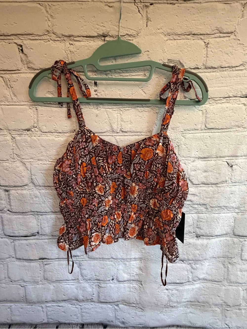 Japna Brown Floral Tie-Shoulder Camisole with Orange & Pink Accents Small NWT